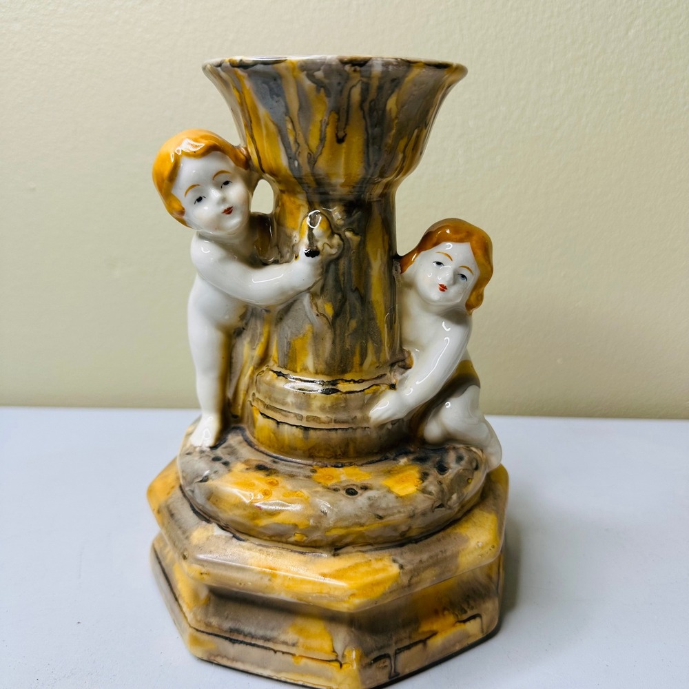 Vintage Hand Painted Japan Cherub Putti Ceramic Vase Drip Glaze Yellow Grey 7"
